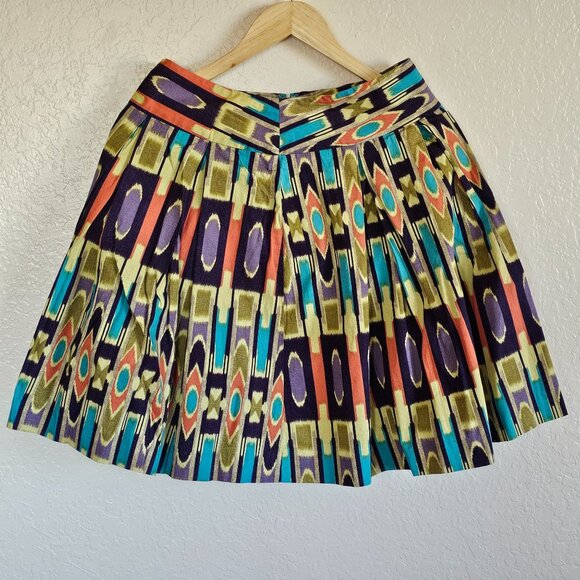 Pleated Multi-Color Ikat Print Skirt Side Zipper & Wide Waistband Women's 6 - Picture 1 of 8
